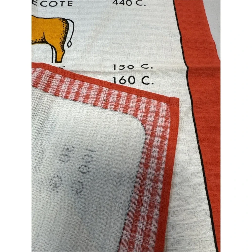 VTG French Tea Towel MCM Cuts of Meat Oddity Kitchen Butcher Calorie Rare Cotton